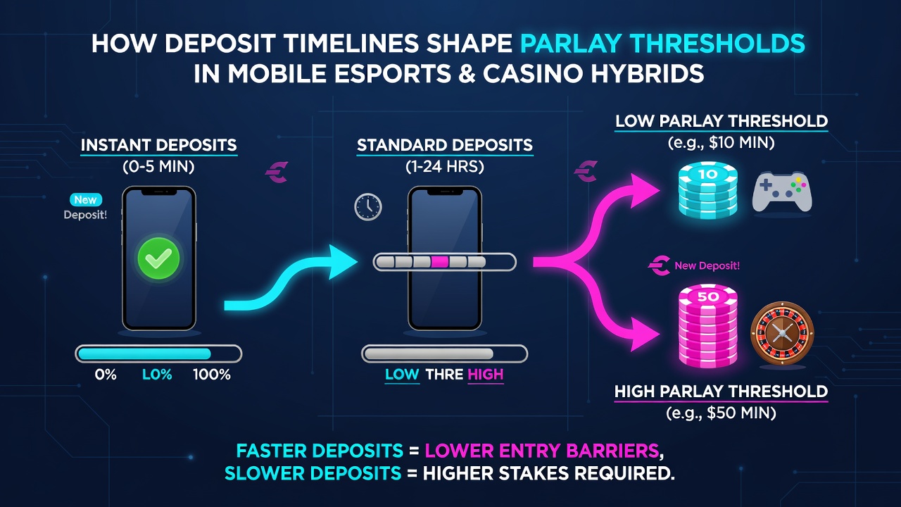 Diagramm illustriert Zeitachsen von Einzahlungen und Parlay-Schwellenüberschreitungen in mobilen Esports- und Casino-Umgebungen