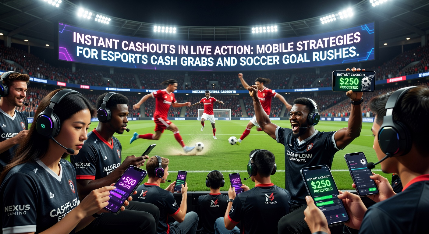 Smartphone mit Live-Wetten-App, die einen Esports-Match und Cashout-Button zeigt, während ein Fußballtor im Hintergrund erscheint
